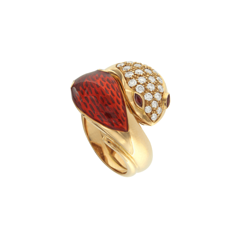 Anello serpenti '70 in oro rosa con antica lavorazione a smalto