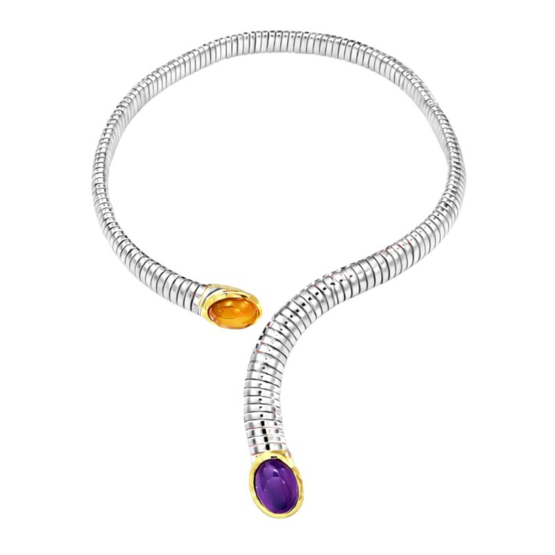 Collana Tubogas argento fili oro e due pietre ametista e citrino