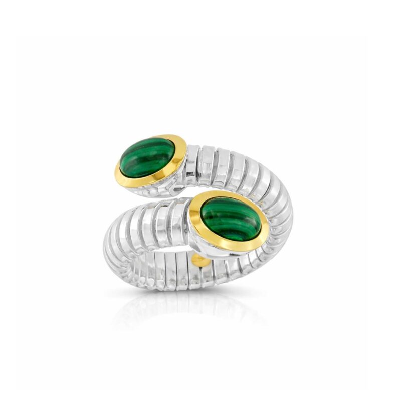 Anello Tubogas contrariè argento oro e malachite