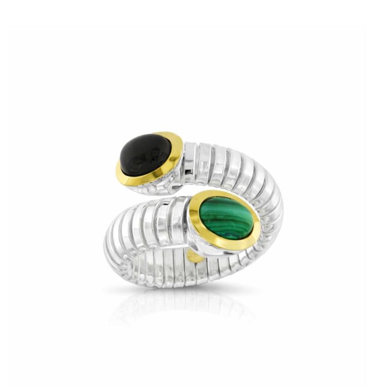 Anello Tubogas contrariè argento oro malachite onice