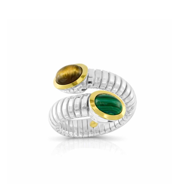 Anello Tubogas contrariè argento oro malachite occhio di tigre