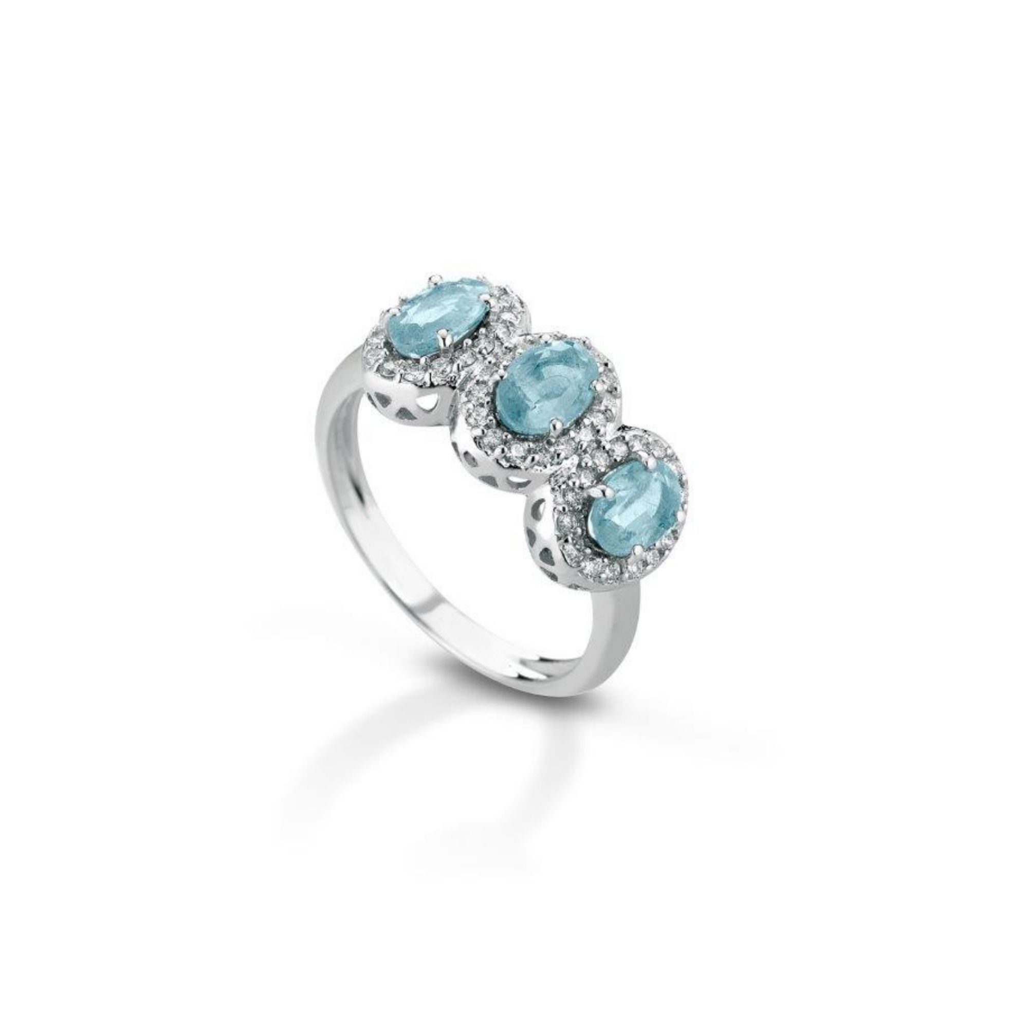 Anello trilogy con diamanti e acquamarine 