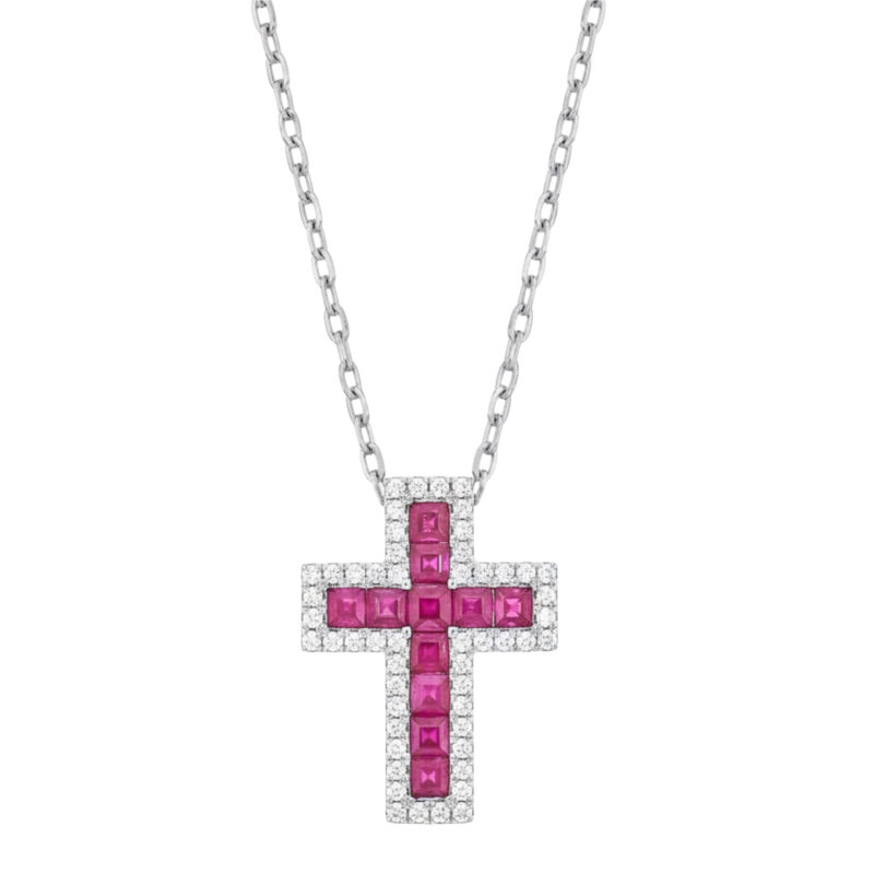 I Gioielli del Sole Collana oro bianco con croce brillanti 0,26 ct e baguette rubini 0,77 ct
