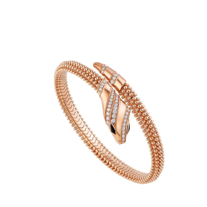 Bracciale Serpenti Bvlgari spirale in oro rosa testa e coda pavé di diamanti occhi in onice nera