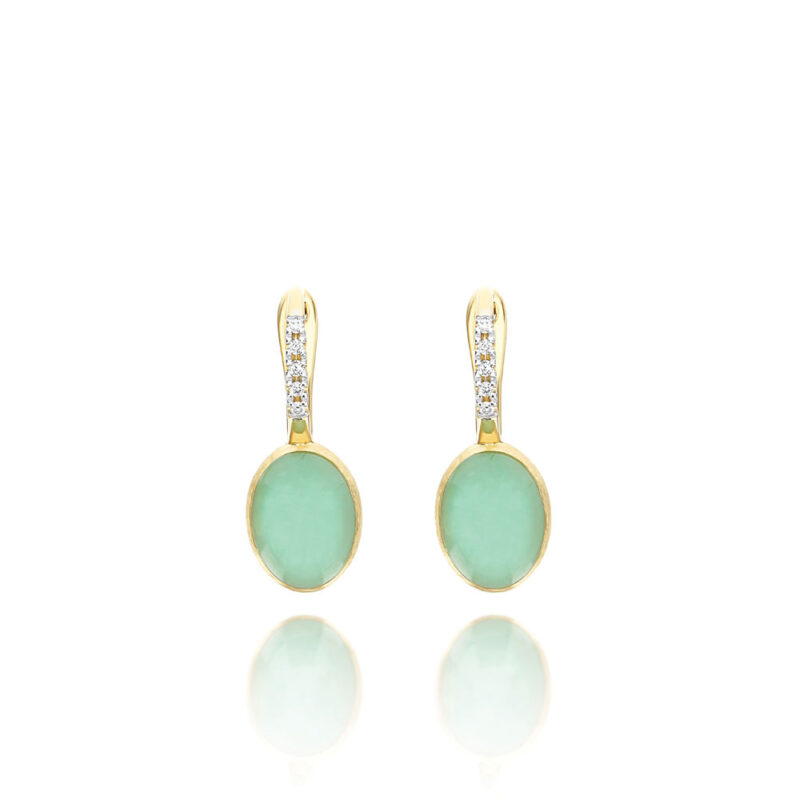 ORECCHINI BOULES CILIEGINE PICCOLI LATTEMENTA ORO GIALLO DIAMANTI CRISTALLO DI ROCCA E GIADEITE