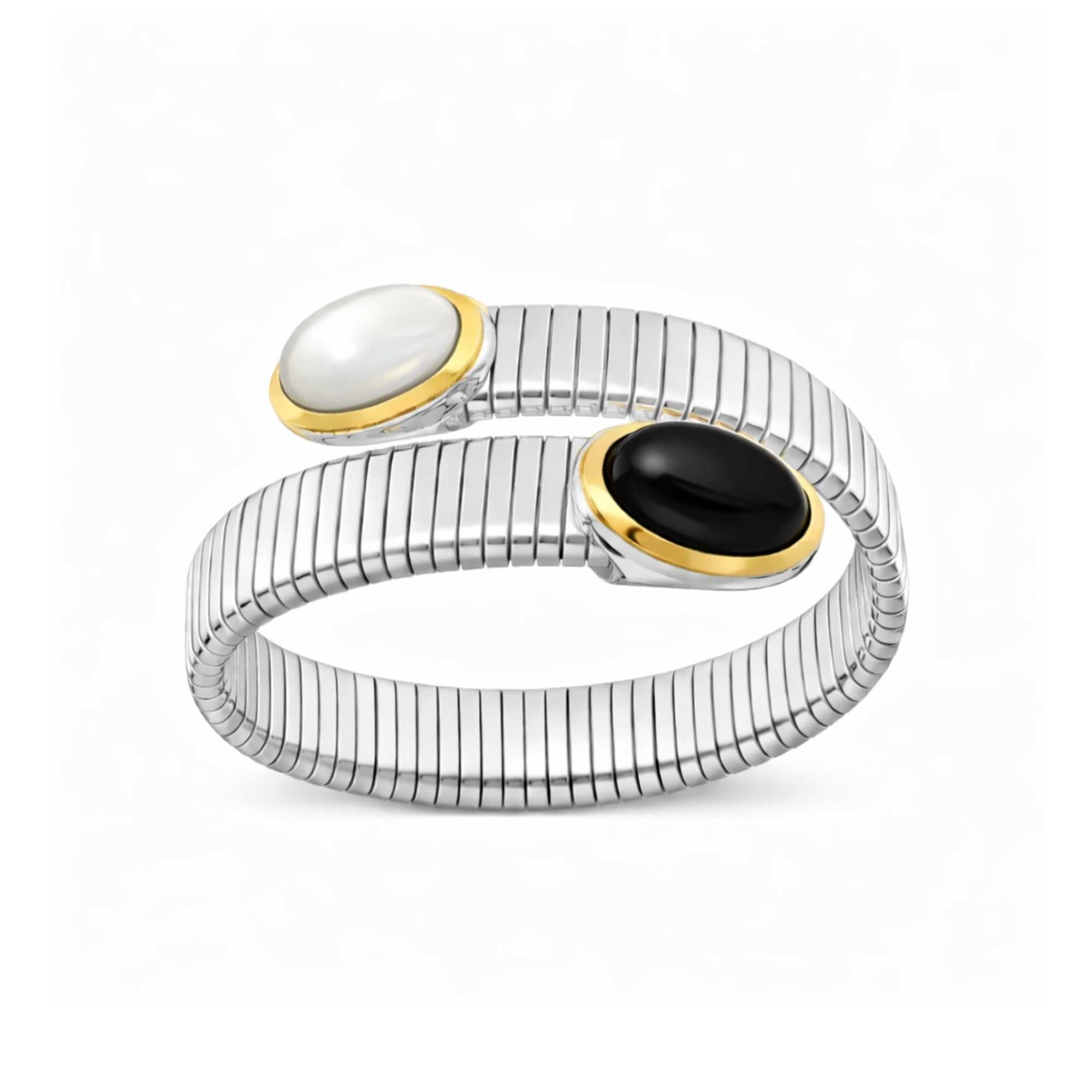 BRACCIALE TUBOGAS 2 GIRI ARGENTO PIETRE DURE MADREPERLA E ONICE