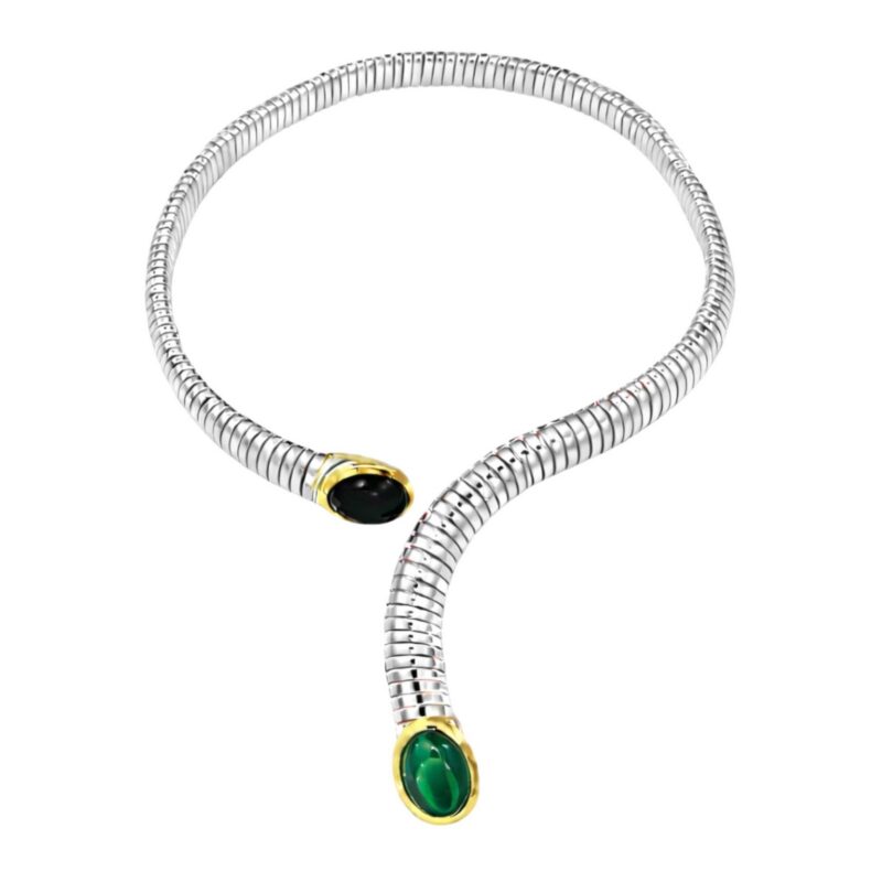 COLLANA TUBOGAS ARGENTO FILI ORO DUE PIETRE ONICE E MALACHITE