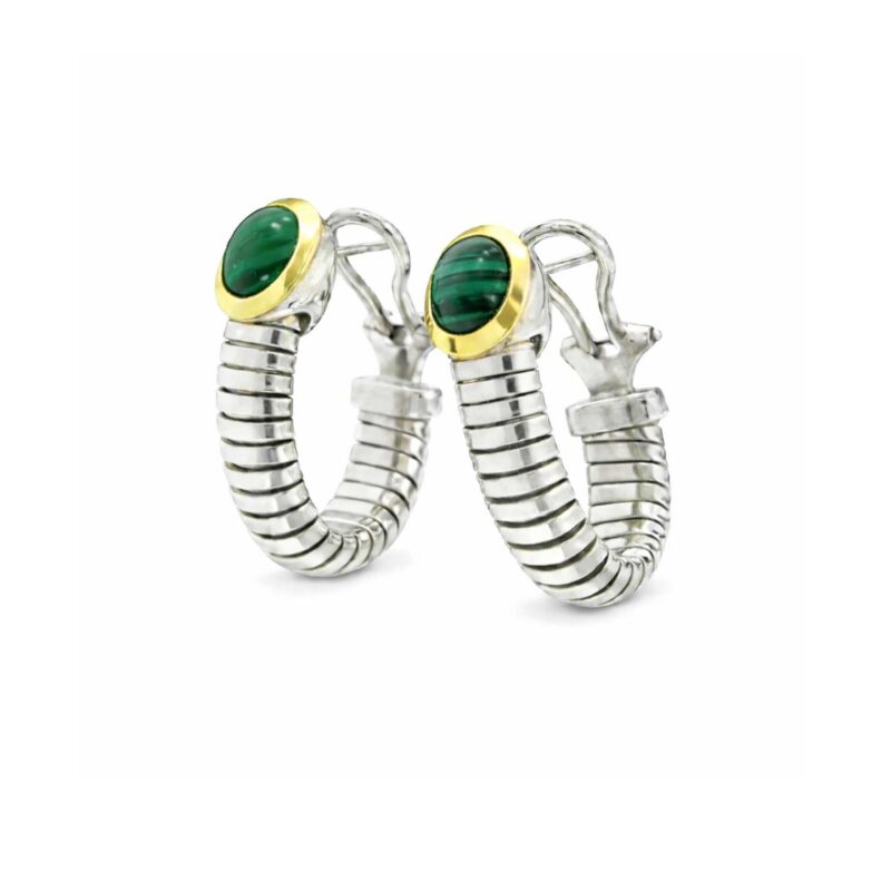 ORECCHINI CERCHI TUBOGAS ARGENTO FILI ORO E MALACHITE