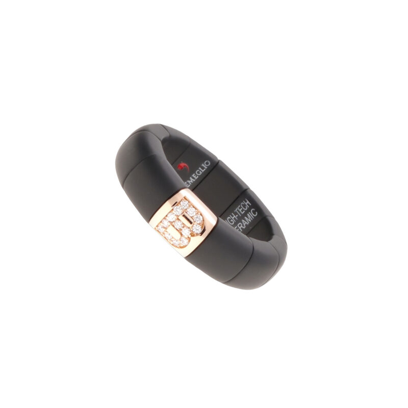 Anello ceramica high tech nera opaca elemento B oro giallo e brillanti 