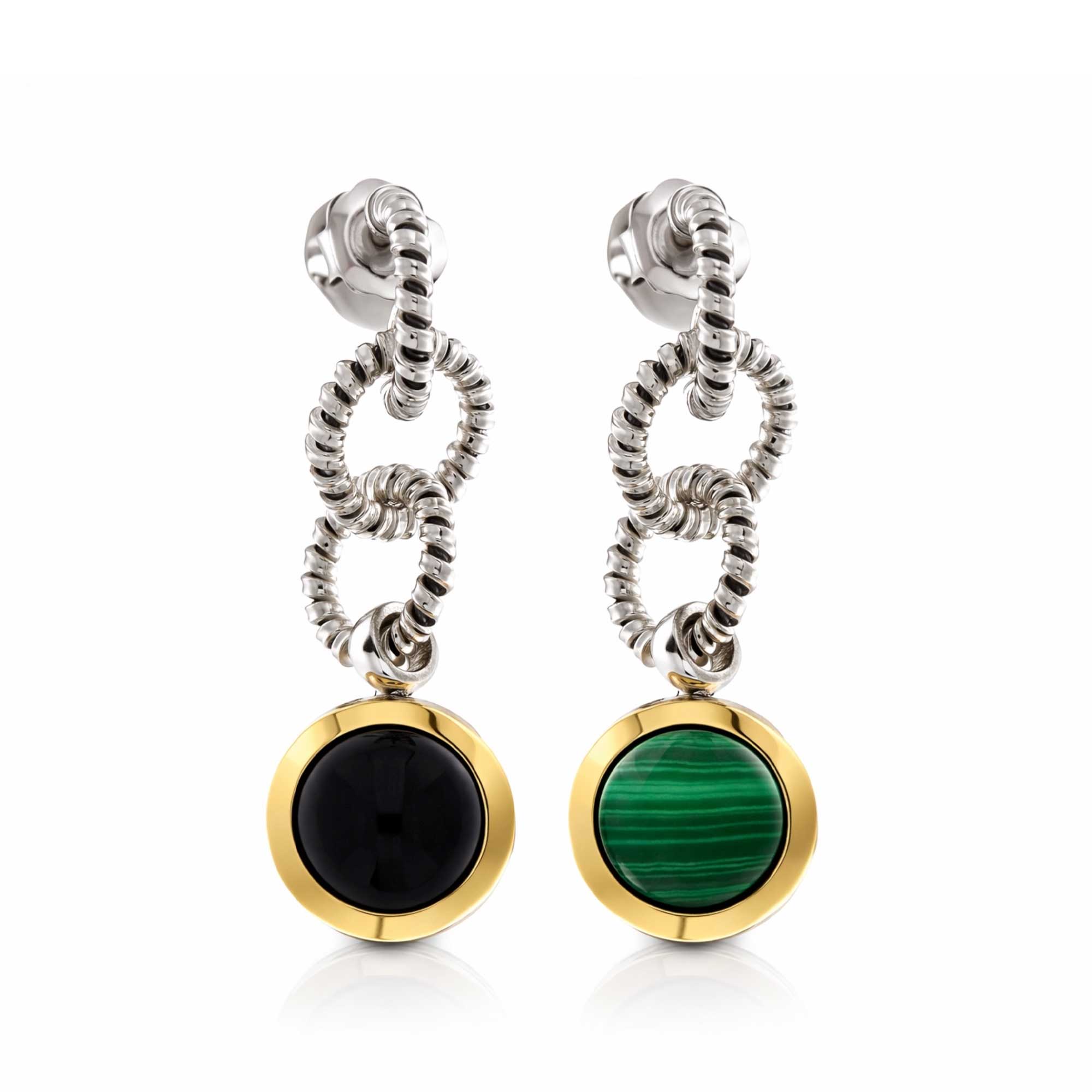 Orecchini argento pendenti con finiture oro onice e malachite