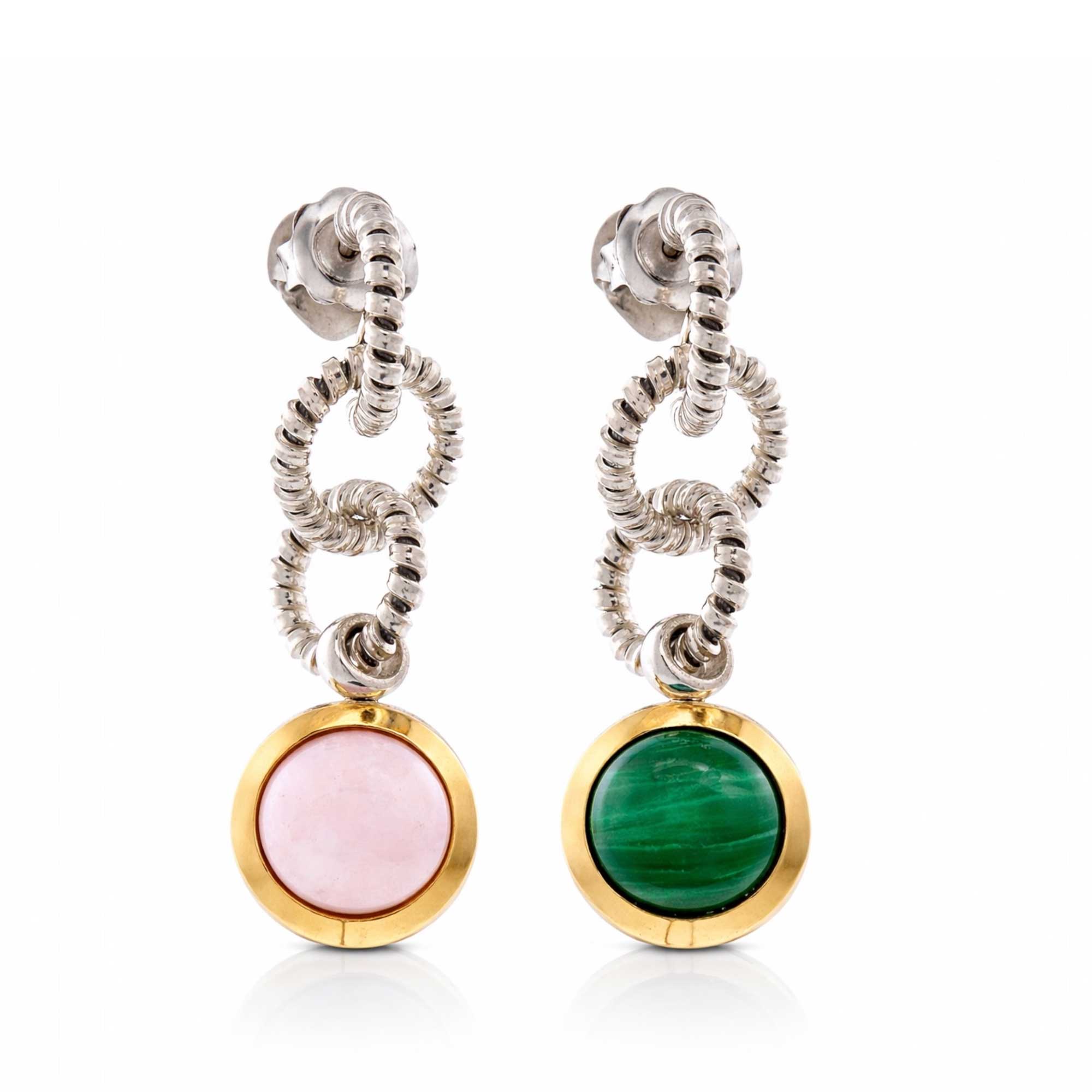 Orecchini argento pendenti finiture oro quarzo rosa e malachite
