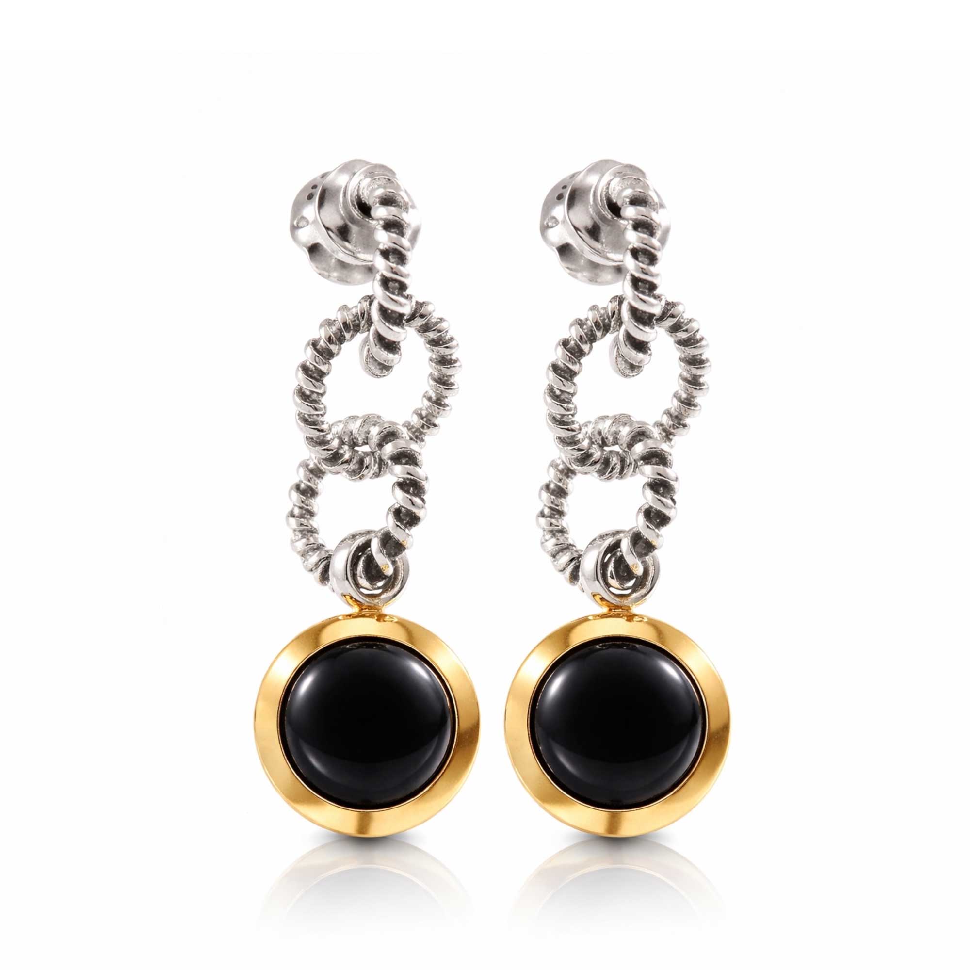 SILVER DROP EARRINGS WITH GOLD-PLATED ONYX AND MALACHITE - Image 2